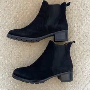 Eric Michael “Franca” black suede chelsea bootie, size 7 1/2